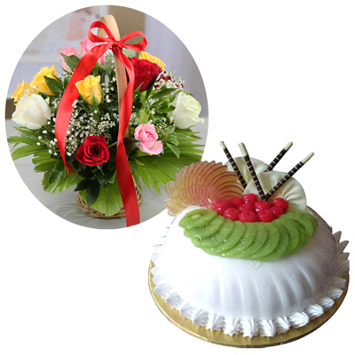 "Pineapple cake - 3kgs, 12 mixed roses flower basket - Click here to View more details about this Product
